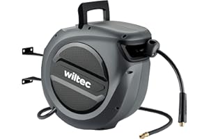 Wiltec Dévidoir automatique avec tuyau 20 m + 2 m – Montage mural – En PVC et acier – Enrouleur de tuyau pneumatique 17 bar – Pivotable à 180° – Connexion 1/4"