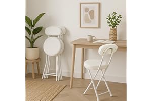 Meuble Cosy Lot de 4 Chaises Pliante Tabourets Pliable Coussin Rond en Fourrure avec Dossier et Repose-Pieds, Siège de 49 cm de Haut, Style Scandinave, Blanc