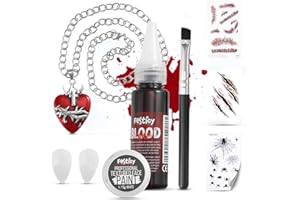 Festicy Set 6 Accesorios Drácula I Sangre Artificial, Dientes de Vampiro, Maquillaje Blanco, Colgante de Corazón, Pincel y Tatuajes Temporales I Disfraz Halloween Hombre Disfraz Halloween Mujer