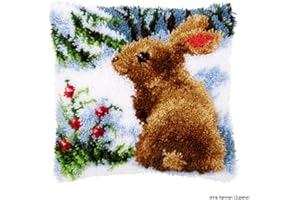 Vervaco Kaninchen im Schnee Knüpfkissen mit Knüpfhaken, Baumwolle, Mehrfarbig, 40 x 40 x 1 cm