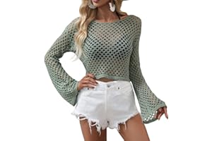 YINGKE Mujer Sexy Ganchillo Crop Top Verano Manga Larga Camisetas Hueco hacia Fuera Jersey Punto Ver a Través Cover Up Y2K Streetwear