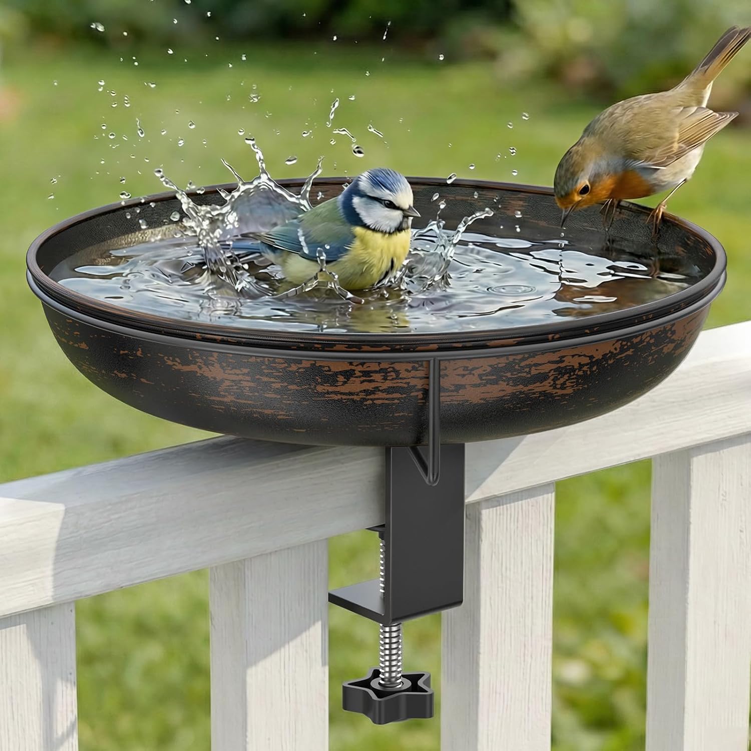 Baño de Pájaros Colgante de WELDUN para Barandilla de Balcón, Diámetro 26 cm, Baño de Pájaros de Metal para Balcón, Baño de Jardín de Gran Capacidad Estilo Antiguo para Pájaros Silvestres, Tazón de