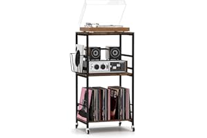 tonchean Soporte para tocadiscos, estante para discos de vinilo, 3 niveles, tocadiscos, mesa de madera con ruedas, almacenamiento de discos de vinilo, mesa auxiliar para salón, dormitorio, oficina