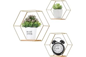 Liesun 3er Set Hexagon wandregal Metall, ohne Bohren Wohnzimmer, wandregal, hänge Regal, Regal Wand (Gold)