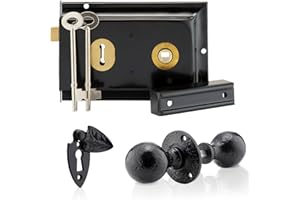 XFORT Smithy's Range Ball Shaped Rim Knob Set Black Antique, Complete With A Rim Lock, Round Rim Door Knob And Escutcheon With Keyhole Cover, Designed For Wooden Barn, Gate And Shed Doors.