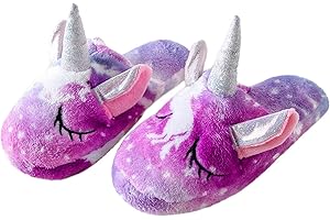 WAFUNNE Unicorn Fuzzy Slippers for Kids Girls Boys Children's Indoor Shoes Fleece Slip-On Home
