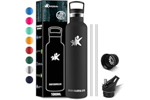 KollyKolla Termos, butelka na napoje ze stali nierdzewnej, 1 l, nadaje się do napojów gazowanych, ze słomką, nie zawiera BPA, szczelna, dla dorosłych, na fitness, do szkoły, uprawiania sportu, na