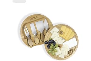 Jocca - Set Tabla de Quesos con Cuchillos - 4 Cuchillos Acero Inoxidable - Tabla Madera 20 cm - Base Antideslizante