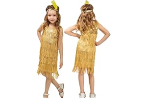 AIEOE Latino Bambine Abito da Danza con Fascia di Piume Ragazza Senza Maniche con Nappe Orlo Tango Cha Cha 4-12 Anni