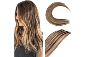 SEGO Extension Biadesive Capelli Veri Adesive Tape Biadesive 10 Ciocche Remy Human Hair Umani Lisci 20g senza Clip (30cm, Castano Cioccolato Balayage Biondo Scuro)
