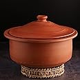 Swadeshi Blessings Handmade Exclusive Range Unglazed Earthen Kadai/Mud Handi/Mitti Ke Bartan/Clay Pot for Cooking & Serving with Lid(with Mirror Shine) + Free Palm Leaf Stand (5 litres)