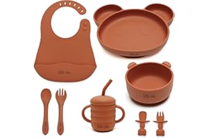 Baby Weaning Set by Little Tots | Silicone Suction Plate, Suction Bowl, Weaning Bib, Sippy Cup + Straw, Toddler Spoon + Fork, Baby Spoon + Fork, Baby Cutlery | 8 Piece Baby Feeding Set | Apricot