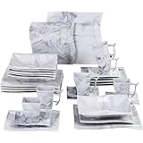 MALACASA, Series Flora, 30-Piece Marble Grey Dinner Set Porcelain Dinnerware Sets with 6 Cups 6 Saucers 6 Dessert Plates 6 So