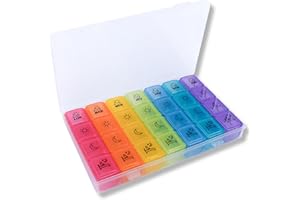 MEDIPILL - Pilulier Semainier Français | 7 Jours 4 prises Matin Midi Soir Couché | 28 Compartiments | Boîte à médicaments | Transparent - Arc-en-ciel | MED-BOX28-TA