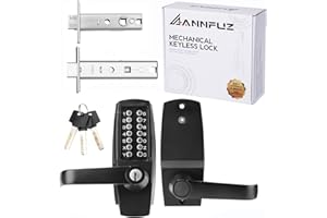 ANNFUZ Mechanical Entry Keypad Door Handle Lock with Key,Auto-Locking Push Button Code Door Knob Lock,Single Sided Combination & Interior Hold-open Lever,for Front Gate,Garage,Office,Matte Black