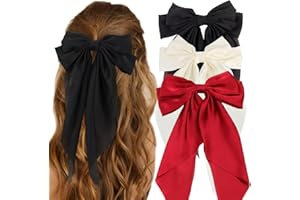 BH-MISSTARS 3 PCS Big Bow Hair Clips, Large Bowknot Hairpin French Hair Clips with Long Silky Satin Ribbon Solid Color Hair Barrettes Accessories for Women Girls (Red+Black+White)