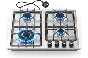 Noxton Gas Hob 4 Burner, Built-in Gas Cooker Plug & Go, Stainless Steel Easy to Clean, Cast Iron Pan Support, Flame Out Protection Prevent Gas Leakage, LPG/NG Kit, 59cm x 51cm