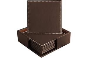 LOGHOG Leather Coasters for Drinks with Holder Set of 6,Coffee Mats Protect Furniture from Hot or Cold Water Marks & Damage, PU Leather Drink Coasters Suitable for Kinds of Mugs and Cups (Square Brown)