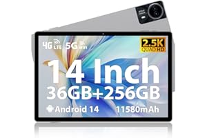 MAXLEGEN Tablet 14 Pulgadas, 2,5K Pantalla FHD Octa-Core Tableta Dual SIM 4G LTE+5G WiFi, 36GB RAM+256GB ROM/1TB TF, 11580mAh/20W, Android 14, 13MP/GPS/BT5.0/3.5MM, Incluye Funda/Auricular y Tab Pen