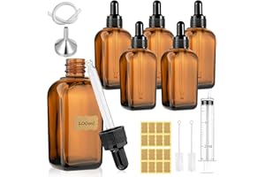 Maxumille 6 Pezzi Ambrato Bottiglie Contagocce Vetro 100ml, Flaconi Contagocce in Vetro con Pipetta, Imbuti e Siringa, Bottigliette Ricaricabili per Olio Essenziale, Laboratorio, Aromaterapia