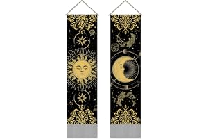 AHANDMAKER förpackning med 2 gobelänger med sol och måne, konstellation och universum, mystisk gobeläng i svart och guld, tof