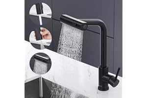Ulytid Rubinetto Lavello Cucina con Doccetta Estraibile, Rubinetto Cucina Nero Cascata a 3 Modalità, Miscelatore Cucina Girevole a 360° in Acciaio Inox, Acqua Calda e Fredda, Finitura Nero Opaco