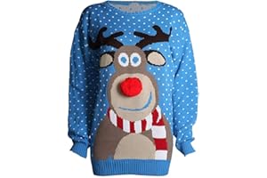 Loxdonz Kids Girls Unisex Rudolph Print 3D Nose Pom Pom Christmas Jumper Knitted Xmas Sweater Pullover