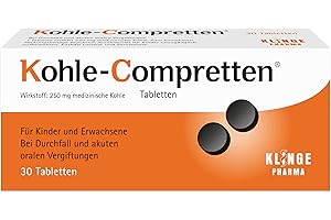 KLINGE PHARMA GMBH Kohle-Compretten 250 mg – Aktiv-Kohletabletten gegen Durchfall & orale Vergiftungen – natürliche Soforthilfe für Reiseapotheke & unterwegs – für Kinder & Schwangere geeignet, 60 Stück