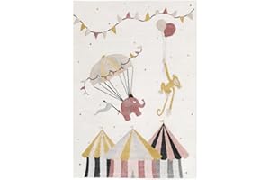 RugVista Monkey Circus, Tappeto per cameretta, 160 x 230 cm, Tappeto per bambini, Tappeto per bambini, Design moderno, Pelo Corto, Senza sostanze nocive, Bianco spento/Blu