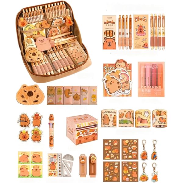 Set Cancelleria Capybara 14 Pezzi – Astuccio, Penne, Righelli, Adesivi, Quaderno – Regalo Kawaii Per Bambine