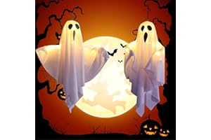 Lypumso Halloween Decorazioni, 2 Pezzi LED Fantasma da Appendere con 3 Modalità di Illuminazione, Addobbi Halloween Luci Esterno Interno Adatto per Patio, Cortile, Giardino, Albero, Festa-Bianco
