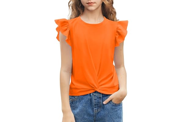Arshiner flickor skjorta kortärmad twist front t-shirt för flickor bomull flygande ärmar sommarblus för flickor tunika t-shir