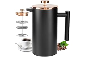 Wrobic Cafetiere French Press Small 350ml/12oz, Cafetiere Stainless Steel Double-Wall Metal Insulated Coffee Press, 3 Level Filtration System with 3 Extra Filter Screens, (1cup,Black)