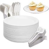 Disposable Plates 200PCS Includes 50 Plates, Forks, Knives and Spoons | Disposable Cutlery, Birthday Plates, Disposable Table