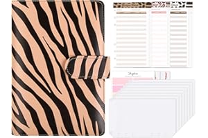 SKYDUE Money Saving Wallet, Budget Planner with Cash Envelopes,A6 Budget Binder Notebook, Leather Ring Binder for Travel and Diary Binders(ZebraPink)