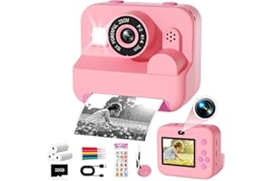 GKTZ Appareil Photo instantané pour Enfants, Appareil Photo Enfant avec Papier d'impression et Carte 32GB, Cadeau Jouet pour Enfant Garçons Filles de 3-14 Ans (Rose)
