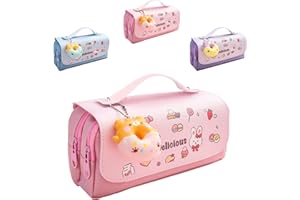 HAUTSTORE Astuccio per Matite in Tela, Multifunzione Astuccio Portamatite Colorate, Portatile Astuccio Scuola per Matite di Grande Capacità a 3 Scomparti, Studenti Cancelleria Forniture Regali Portapenne (Rosa)