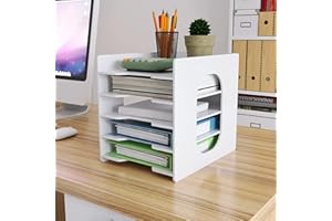 PUNCIA 5-Tier Paper Tray A4 Desk Tidy Organizer Desktop White Filing Holder Office Mail Letter Sorter Document Notebooks Storage Rack for Home Office School Classroom