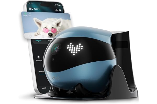 Enabot EBO Air 2 FamilyBot, Caméra pour animaux de compagnie avec application, Caméras mobiles pour animaux de 2K avec expressions faciales personnalisables, Caméra sans fil pour chats avec vision