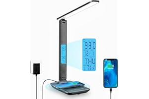 LAOPAO Ściemnialna lampa biurkowa LED z zegarem, 3 kolory i 5 poziomów jasności, przyjazna dla oczu lampka nocna z bezprzewodowym ładowaniem i portem USB, inteligentny wyświetlacz LCD
