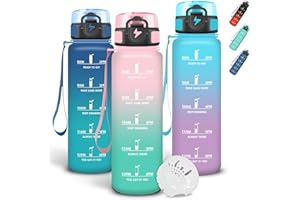 Grsta Gourde Sport 1 litre, Anti Fuite Gourdes avec Filtre, Verrou de Sécurité, Gourde Graduée pour 1 Journee, Bouteille Motivation avec Marqueur de Temps pour Voyages, Bureau, Cyclisme