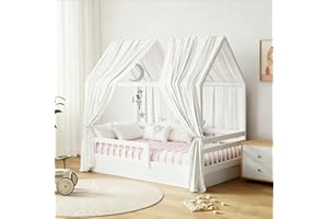 GFCC Ciel de Lit Cabane Ensemble de Décoration avec 2 Pièces Rideaux Lit Cabane Enfant Baldaquin Ciel en Tissu de Maison Chambre pour Fille Garçon,125 x 350 cm Blanc