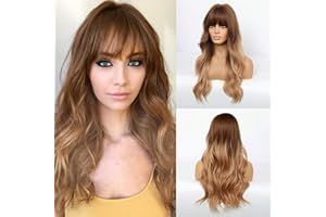 HAIRCUBE Pelucas onduladas marrones largas para mujeres, peluca sintética de pelo con curvas naturales con pelucas completas de flequillo limpio para uso diario y de fiesta