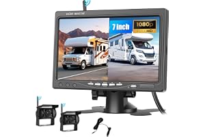 SIXWIN Trådlöst backkameraset HD 1080P – 7 tums skärm med 2 trådlösa bakkameror, IP68 vattentät, mörkerseende, BSD, för släpv