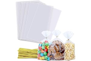 AMERTEER Clear Cellophane Treat Bags - 100Pcs Clear Flat Treat bags With Twist Ties - 15cm x 25cm Self Adhesive Cookie bags - Packing Supplies For Party Favors, Candy, Cookie, Popcorn, Dessert, Bakery