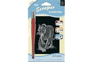 Mammut Spiel & Geschenk 130006 - Kratzbild, Motiv Tiger, Silber, glänzend, mini, Komplettset mit Kratzmesser und Übungsblatt, Scraper, Scratch, Kritzel, Kratzset für Kinder ab 8 Jahre
