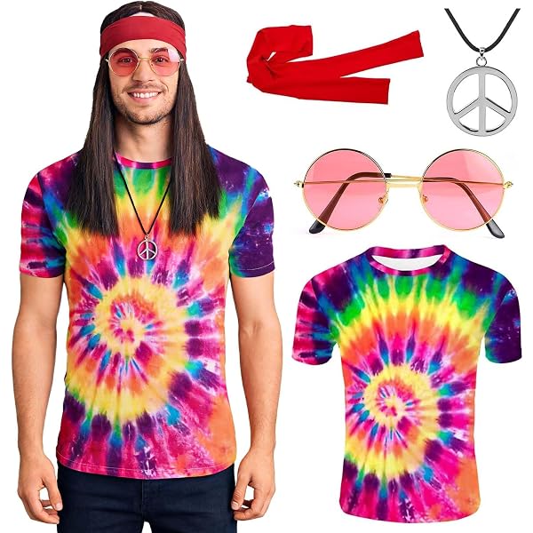 Joellfuner Déguisement Hippie Femme 6 Pièces - Poncho Tie-dye Arc-en-ciel, Bandeau, Collier, Boucles, Lunettes - Années 60-70