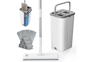 Midyb Zestaw mopa z wiadrem – zestaw mopów podłogowych z 10 podkładkami z mikrofibry i uchwytem ze stali nierdzewnej 140 cm – zestaw mopa płaskiego z wiadrem 2 komorami – mop z funkcją wykręcania, do