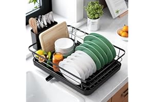 Kitsure Dish Drainer Rack- Space-Saving Dish Drainer, Dish Racks for Kitchen Counter, Stainless Steel Kitchen Drying Rack with a Cutlery Holder, Large, Black