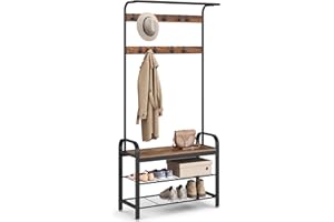 VASAGLE Coat Rack, Coat Stand with Shoe Storage Bench, 4-in-1 Design, with 9 Removable Hooks, a Clothes Rail, for Hallway, Entrance, 33.7 x 84 x 183 cm, Industrial, Rustic Brown and Black HSR400B01